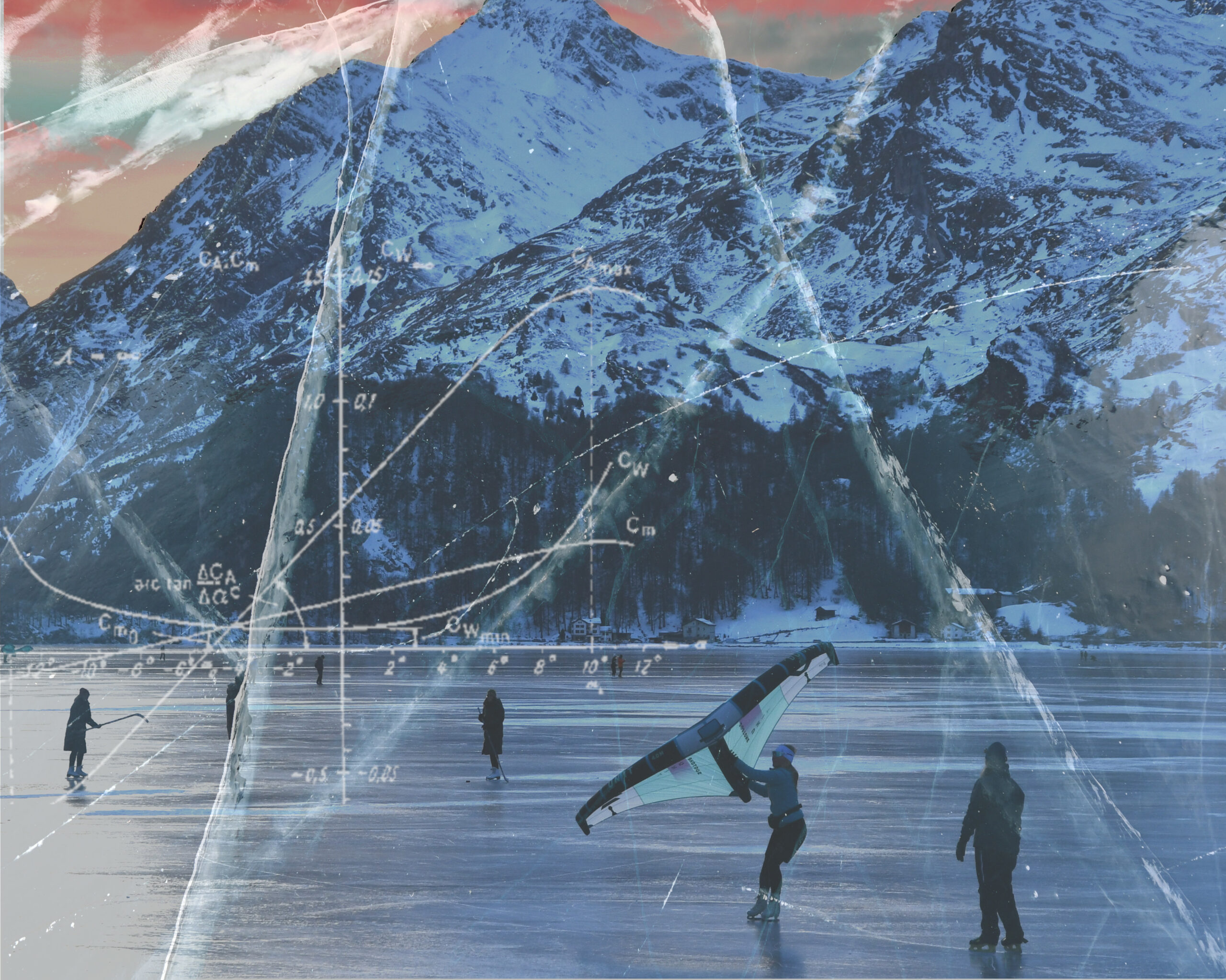 Eisläufer auf dem zugefrorenen Bergsee im Abendlicht